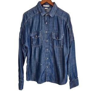 Rufskin Grunge Distressed Denim Button‑Down Relaxed Fit Paint Stains Size L